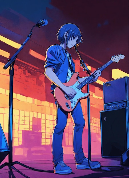 Gitarrenspieler farbenfrohe Stratocaster Teenager Bühne Hintergrund Zelle schattiger Anime-Stil