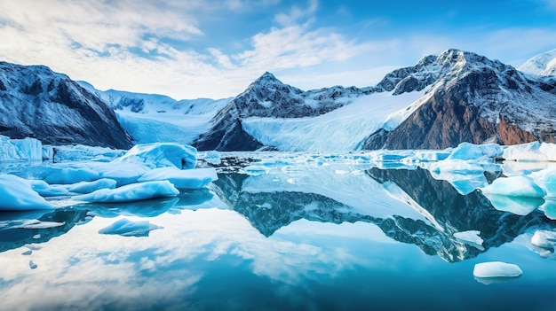Un glaciar en el agua con montañas en el fondo