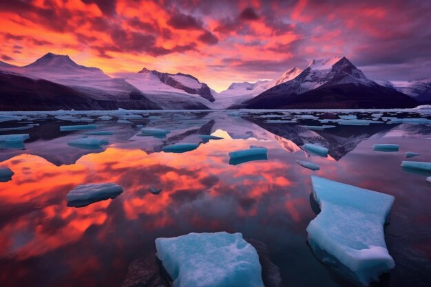 Glaciar desprendiéndose al atardecer con coloridos reflejos del cielo creados con IA generativa