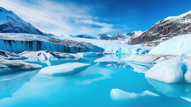 Un glaciar en las montañas con un cielo azul.