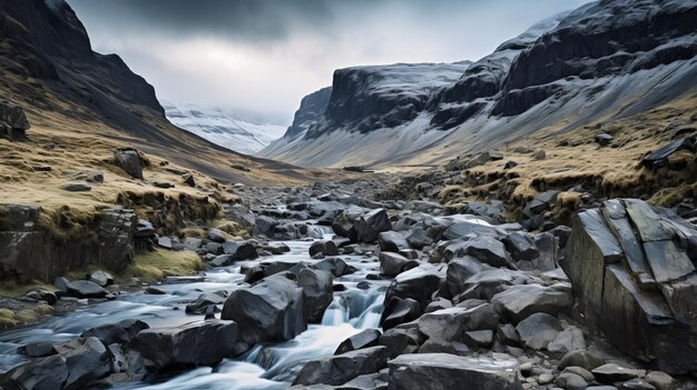 Glaciar en Yorkshire Un impresionante arroyo de montaña entre rocas y grava