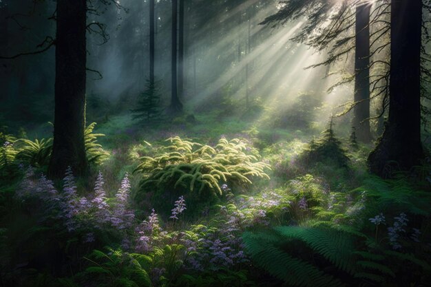 Gladeira de floresta nebulosa com raios de sol filtrando através das árvores e iluminando um tapete