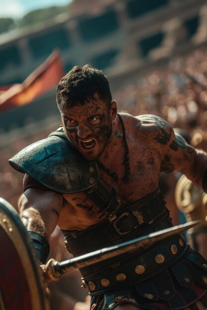 Gladiador en el Coliseo feroz guerrero en la icónica arena romana epítome del combate antiguo histórico