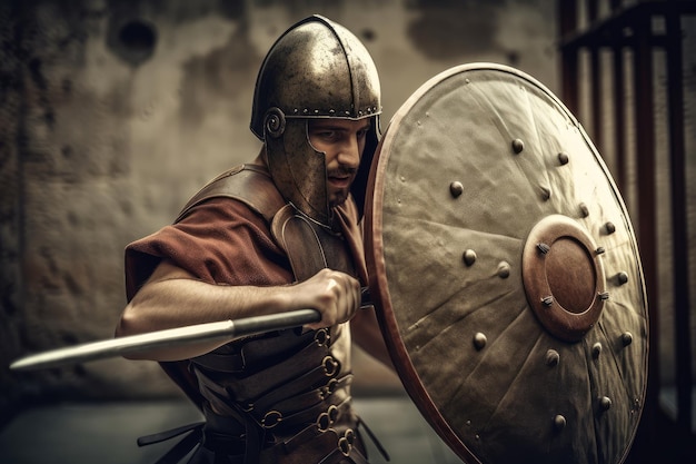 Foto gladiador em equipamento de combate completo se preparando para a batalha com escudo e espada prontos