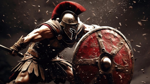 Gladiador lucha con espada y escudo.