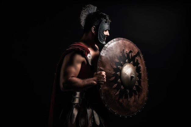 Foto gladiador preparándose para pelear con espada y escudo en mano
