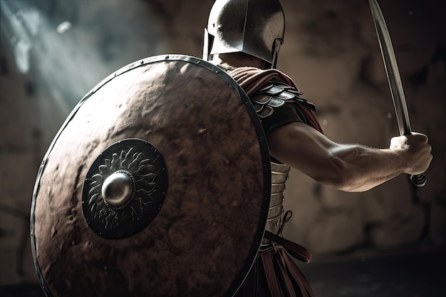 Foto gladiador se preparando para a batalha com espada e escudo na mão