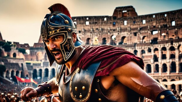 Foto gladiador con traje romano en la arena