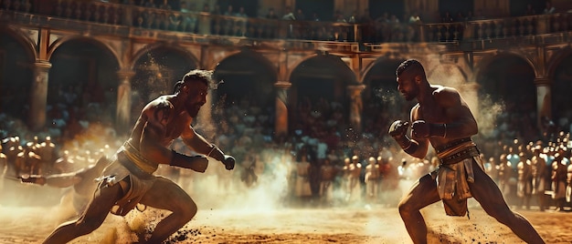 Foto gladiadores em uma arena empoeirada demonstram determinação e resolução através de empurrar seus limites apesar da exaustão conceito determination gladiador prática arena desafios teste de resistência