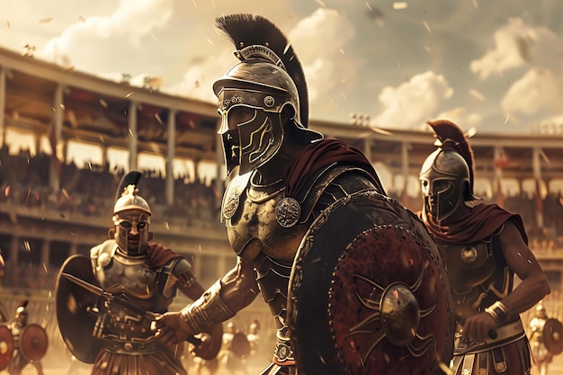 Foto los gladiadores romanos de la antigüedad se enfrentan en una feroz batalla en la arena