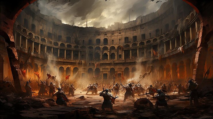 Gladiadores romanos luchando en un coliseo