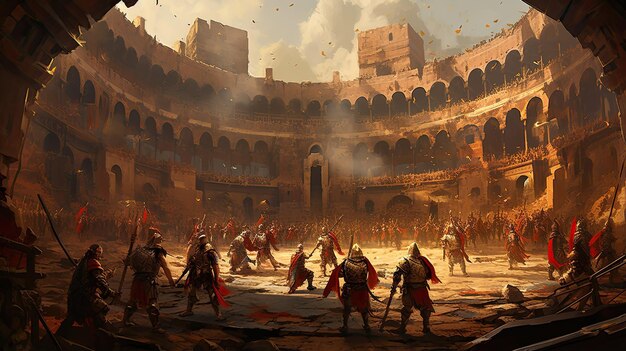 Gladiadores romanos luchando en un coliseo