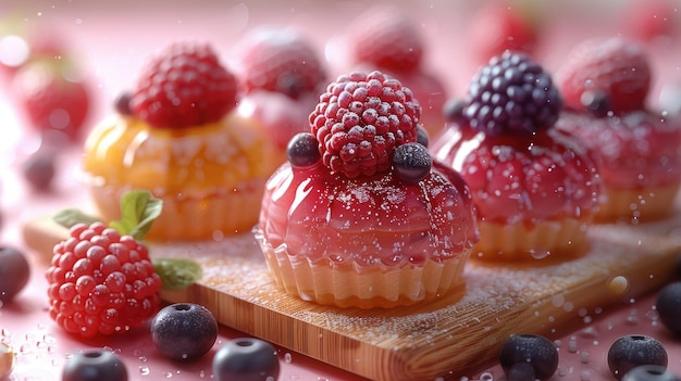 Glänzende Beeren-Topp-Desserts auf einem Holzplatt