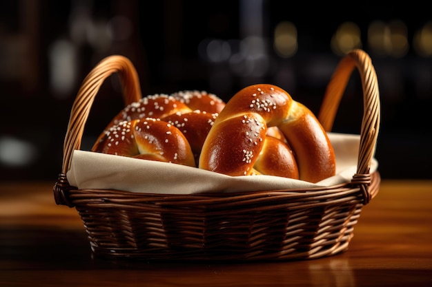 Glänzende Brötchen mit Sesamsamen in einem gewebten Korb auf einer Bar