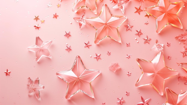 Glänzende durchsichtige rosa Sterne verstreut auf einem weichen rosa Hintergrund