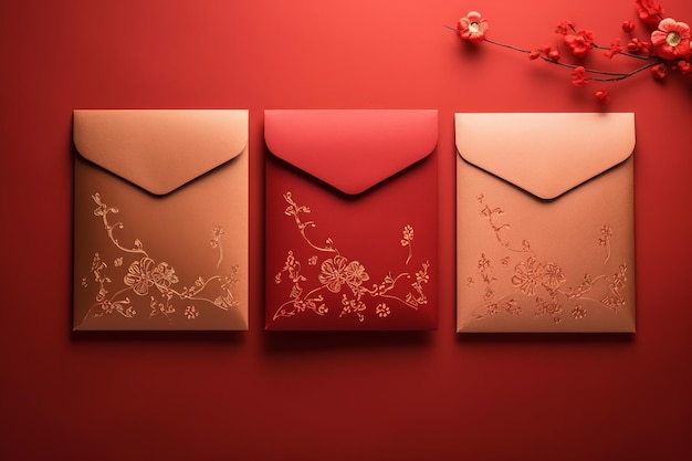 Glänzende goldene Muster auf roten Umschlägen. Eine Hommage an das chinesische Neujahr