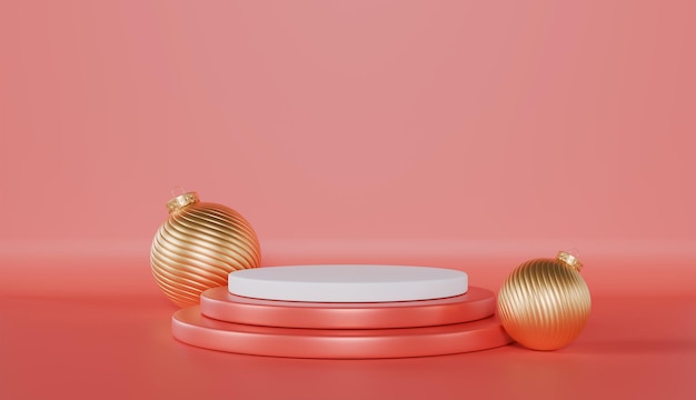 Glänzende goldene Schmuckstücke eine festliche Weihnachtsdekoration, die auf einem rosa Hintergrund isoliert ist