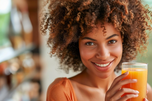 Glänzende junge Frau genießt frischen Orangensaft auf der sonnigen Veranda Fröhliches Lächeln mit natürlich gekrümmtem Haar