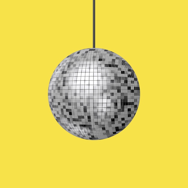 Foto glänzende nachtclub-party-disco-kugel auf gelbem grund. 3d-rendering