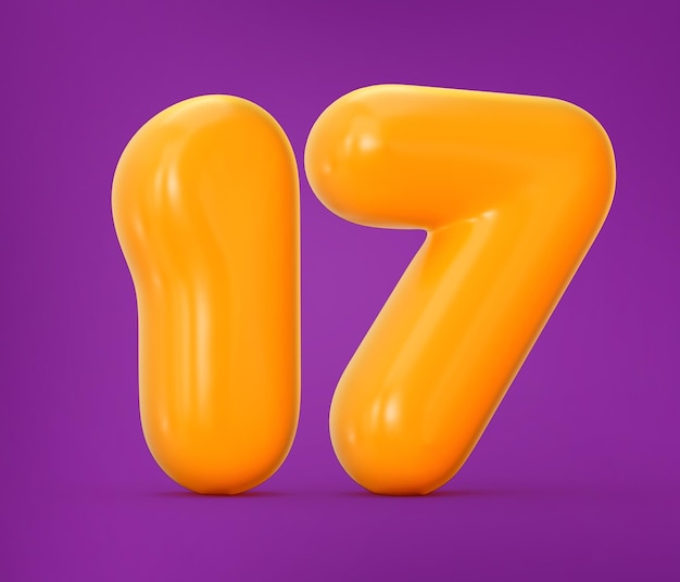 Foto glänzende orangengelee nummer 17 oder siebzehn isoliert auf weißem hintergrund 3d-darstellung