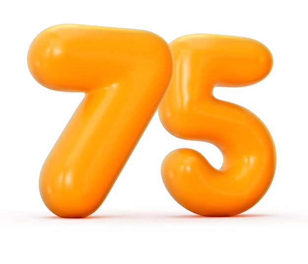 Glänzende Orangengelee Nummer 75 oder fünfundsiebzig isoliert auf weißem Hintergrund mit Schatten 3D-Darstellung