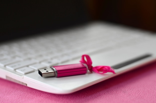 Glänzende rosa USB-Flash-Speicherkarte mit rosa Schleife