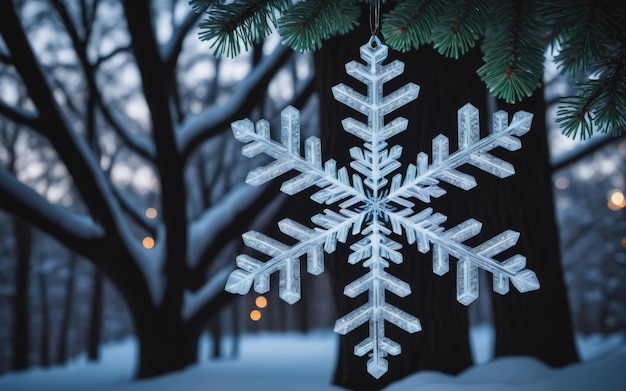 Glänzende Schneeflocken-Dekoration leuchtet auf einem dunklen Baum