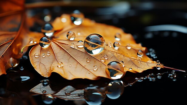 Glänzende Tropfen, ein gefallenes Blatt in glänzendem Wasser