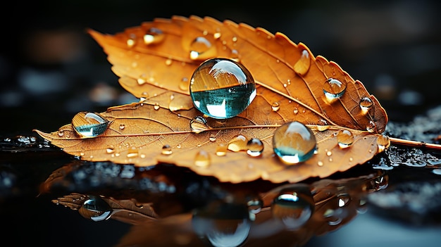 Glänzende Tropfen, ein gefallenes Blatt in glänzendem Wasser