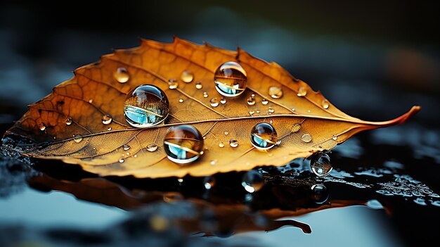 Glänzende Tropfen, ein gefallenes Blatt in glänzendem Wasser