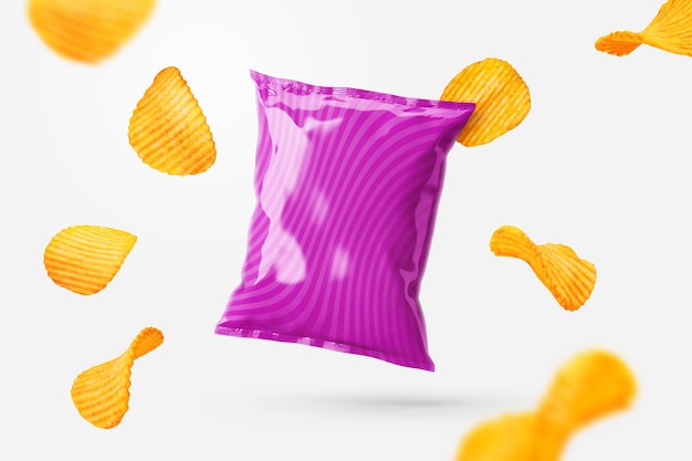 Foto glänzende, verpackte lila chips-tasche steht zwischen fliegenden chips
