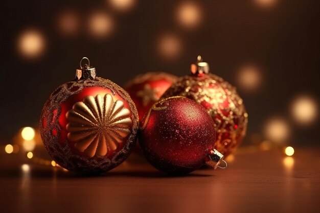 Glänzende Weihnachtsbaum-Ornamente auf dem Tisch KI-Generation
