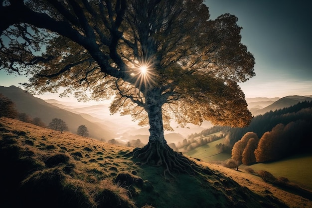 Glänzender Baum auf dem Kamm eines Hügels mit Sonnenstrahlen im nebligen Alpental