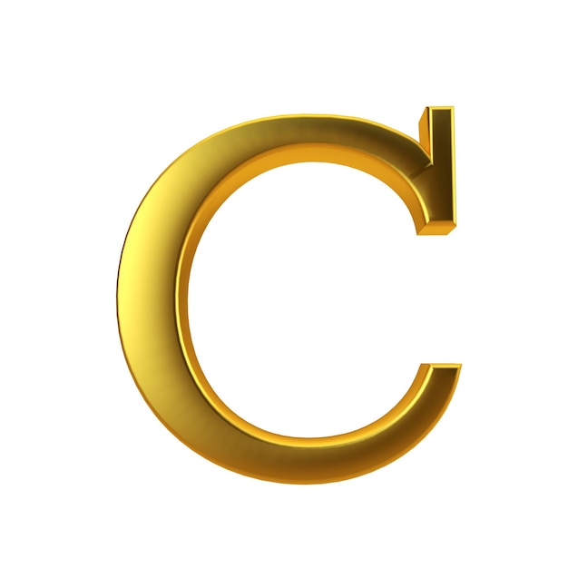 Glänzender goldener Buchstabe C auf einem schlichten weißen Hintergrund 3D-Rendering