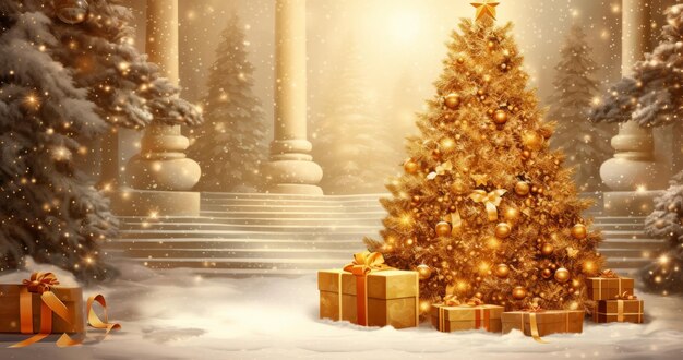 Foto glänzender goldener weihnachtsbaum mit glitzernden geschenken und dekorationen