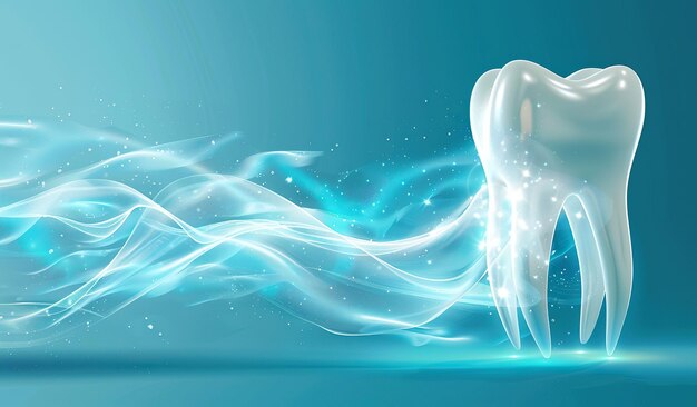 Glänzender sauberer Zahn mit erfrischenden Wellen auf blauem Hintergrund