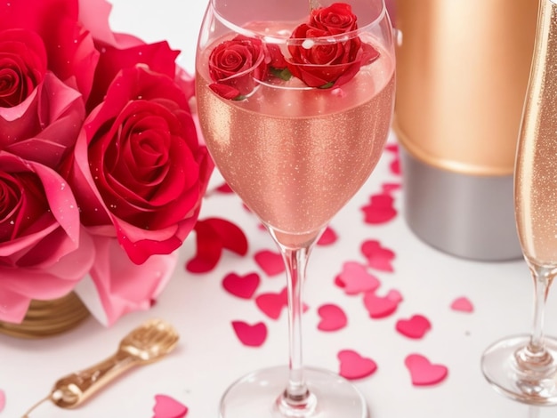 glänzender Valentinstag mit Champagner und Rosen