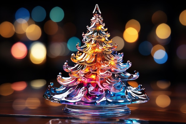 Glänzender Weihnachtsbaum aus buntem Glas gegen Bokeh-Lichter auf schwarzem Hintergrund