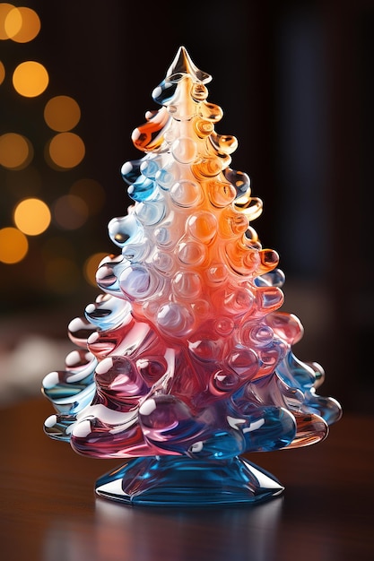 Glänzender Weihnachtsbaum aus buntem Glas und abstrakte Bokeh-Lichter auf schwarzem Hintergrund