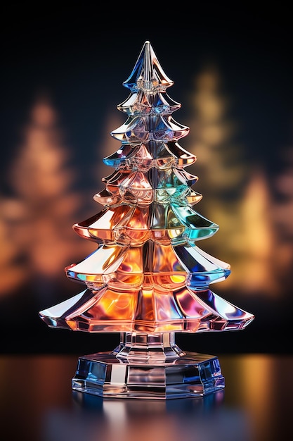 Glänzender Weihnachtsbaum aus buntem Glas und abstrakten Bokeh-Lichtern auf schwarzem Hintergrund