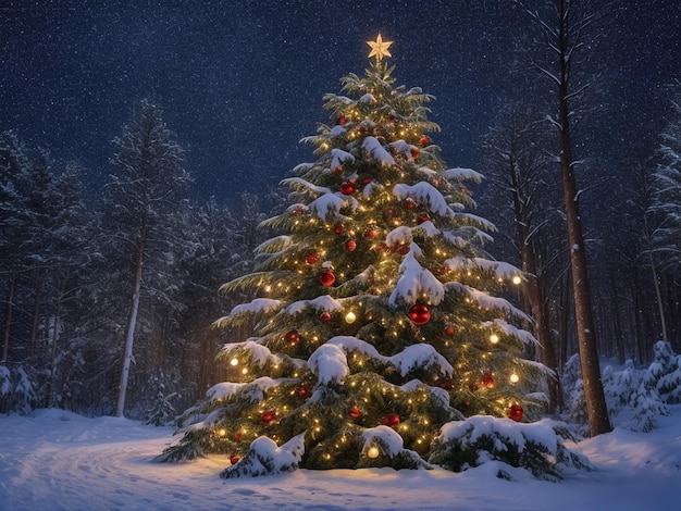 Glänzender Weihnachtsbaum vor blauem Hintergrund im Schnee