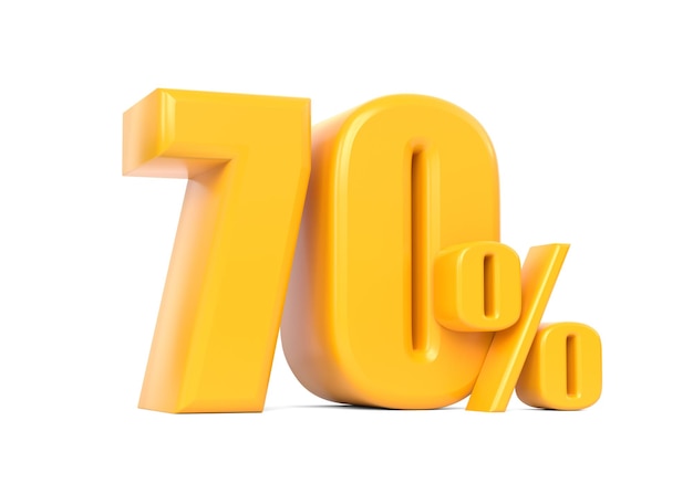 Glänzendes gelbes 70-Prozent-Schild isoliert auf weißem Hintergrund 70 Rabatt auf den Verkauf 3D-Rendering
