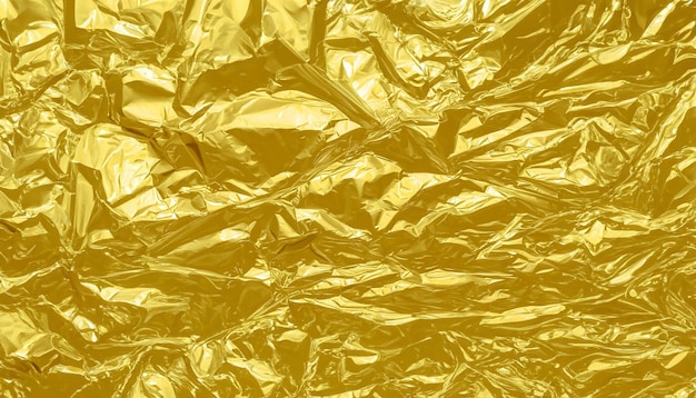 Glänzendes Goldfolientextur-Hintergrundmuster aus gelbem Geschenkpapier mit zerknitterten und gewellten Kanten