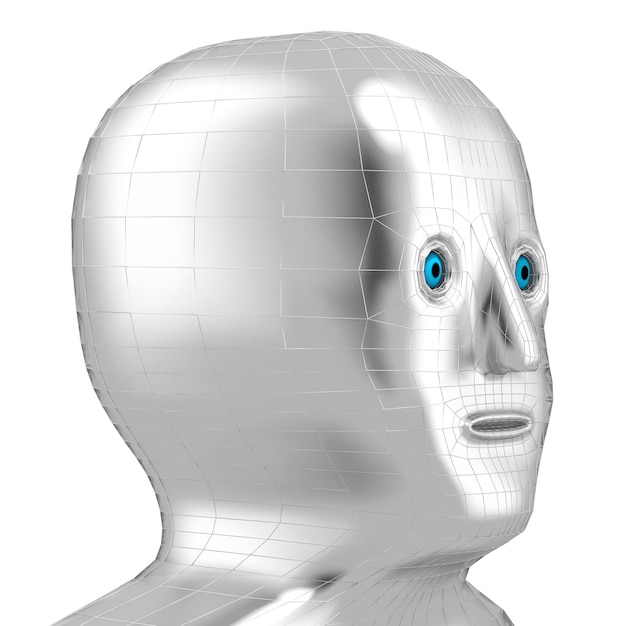 Foto glänzendes humanoides robotergesicht aus metall, 3d-illustration