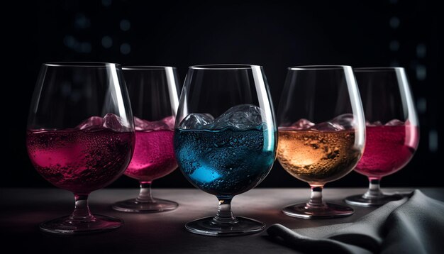 Glänzendes Kristallglas reflektiert nassen Champagner in einer eleganten Nachtclub-Feier, die durch künstliche Intelligenz erzeugt wird