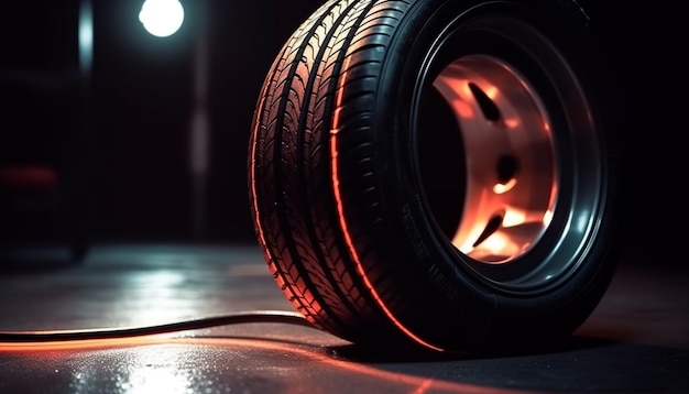 Glänzendes Legierungsrad auf einem dunklen Auto in einer Autoreparaturwerkstatt, erzeugt durch künstliche Intelligenz