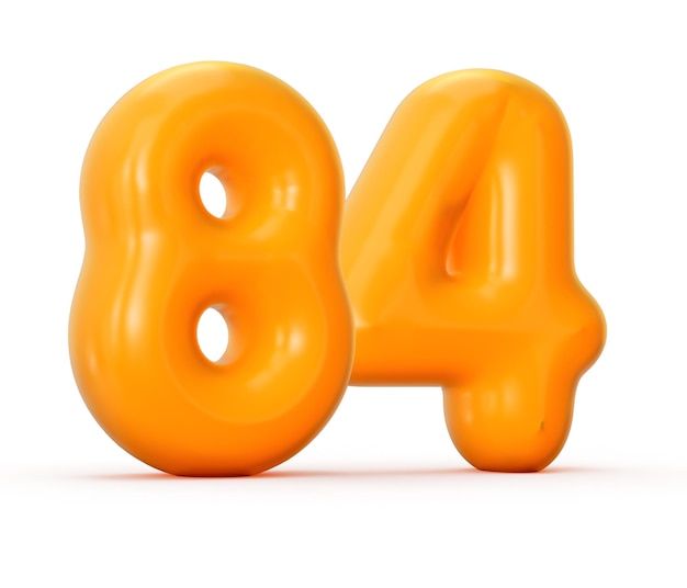 Glänzendes Orangengelee Nummer 84 oder vierundachtzig isolierter weißer Hintergrund mit Schatten 3D-Darstellung