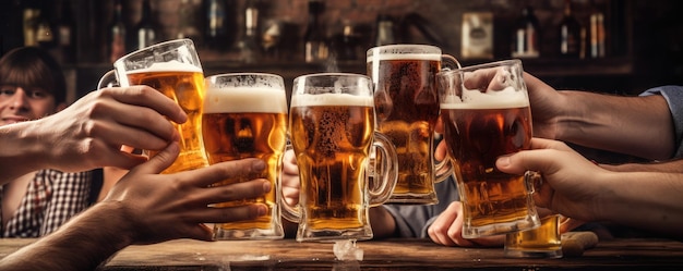 Gläser Bier in der Hand der Gruppe glücklicher Freunde trinken und toasten Bier Panorama Generative Ai