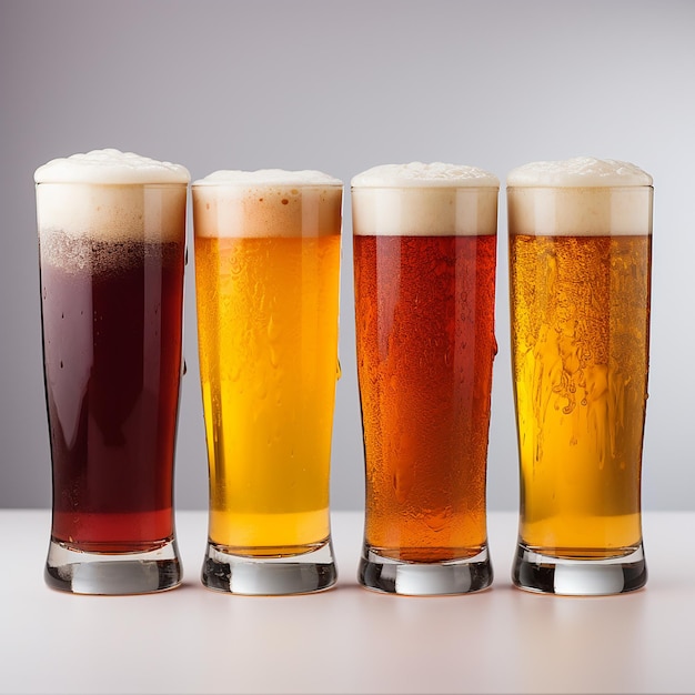 Gläser Bier unterschiedlicher Farbe auf weißem Hintergrund