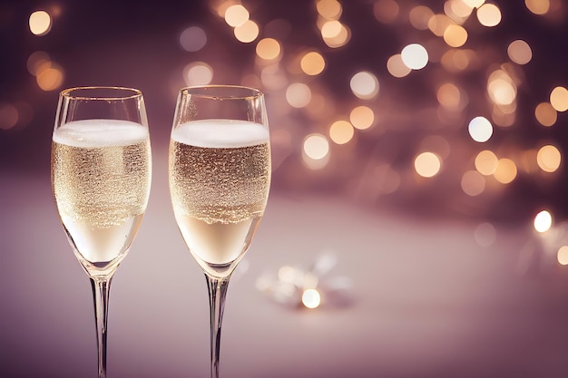 Gläser Champagner Nahaufnahme mit leuchtendem Bokeh-Hintergrund. Neujahr, Weihnachtskarte.